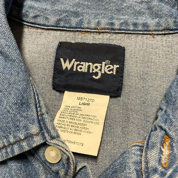 Wrangler Pearl Snap Button Down Long Sleeve Shirt Men’s L Blue Jean Casual Denim - Picture 10 of 10